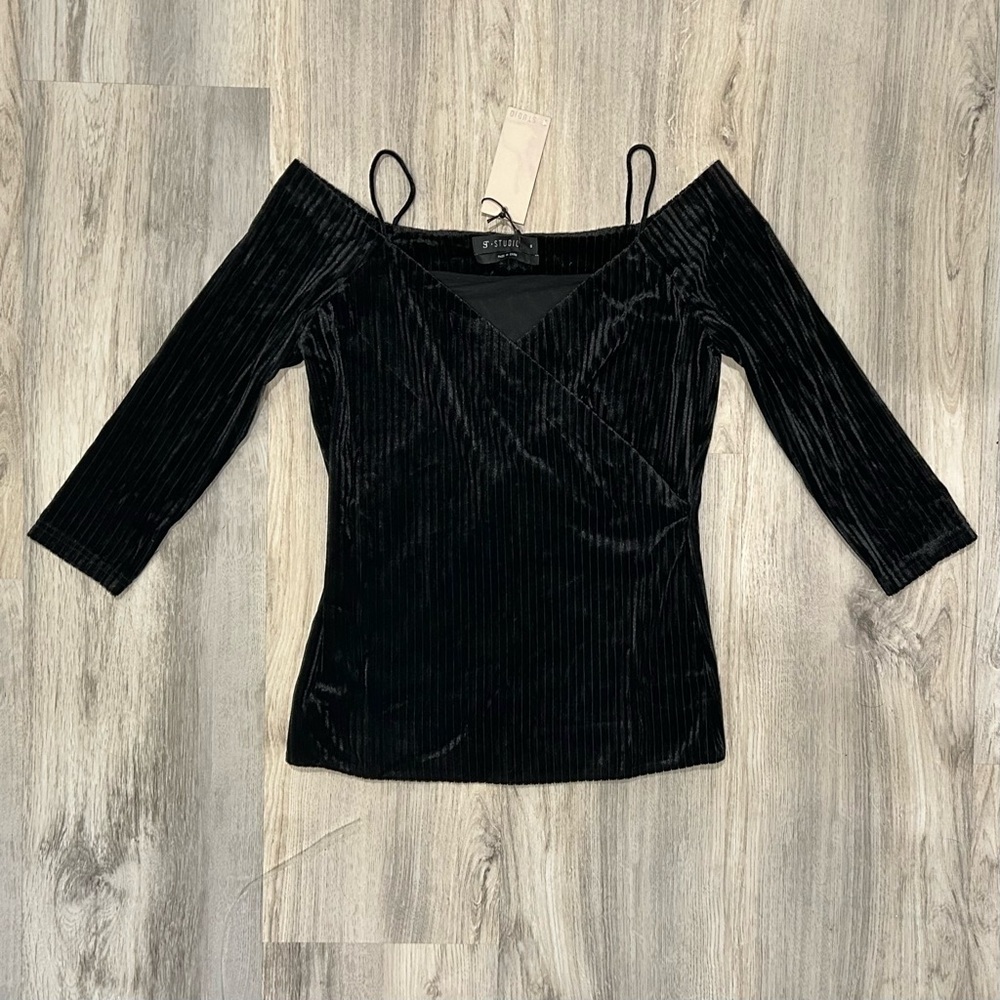 NWT SuperTrash ST Studio Black Velour Off Shoulder 3/4 Sleeve Shirt Top Size S